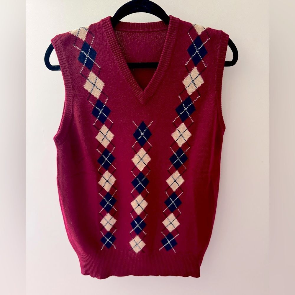 Vintage Cottagecore 100% CASHMERE Burgundy Navy & Ivory Argyle Vest 39" Chest